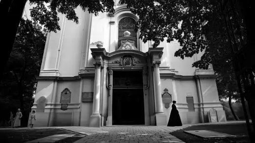 A woman in black before the church portal