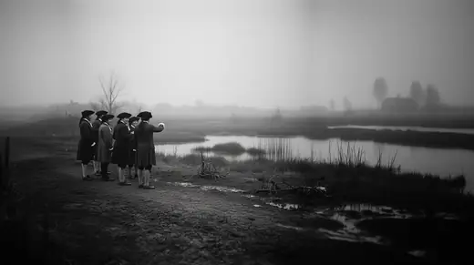 Men in long coats on a misty marsh by the water