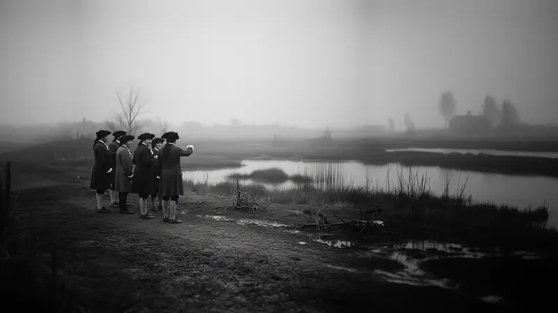 Men in long coats on a misty marsh by the water