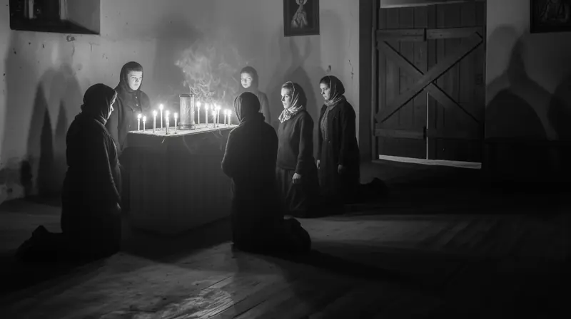 Women in headscarves lighting candles in a dark church