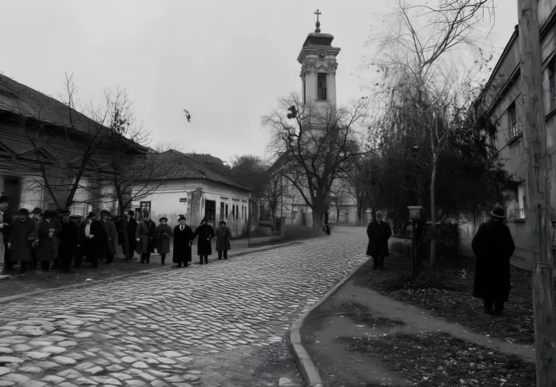People queueing along a cobbled street toward the church tower