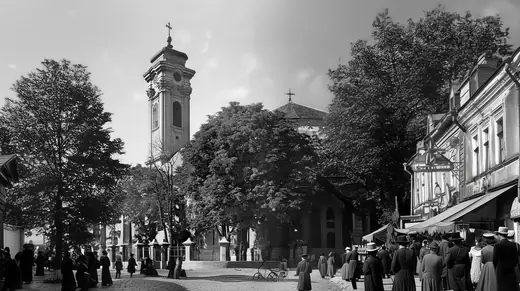 The church tower above the trees, a crowd and carriages below