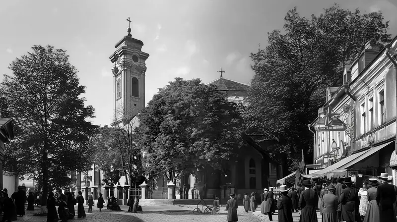 The church tower above the trees, a crowd and carriages below