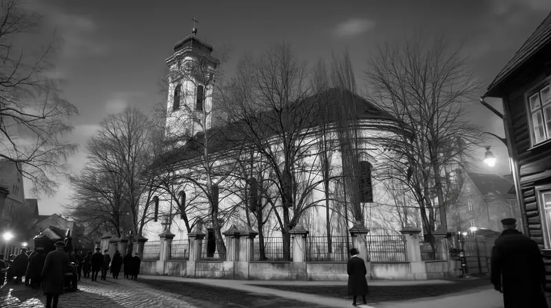 The church at night behind bare trees, people on the cobbled street
