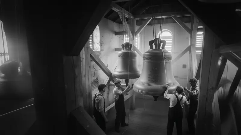 Workers hanging the bells inside the tower