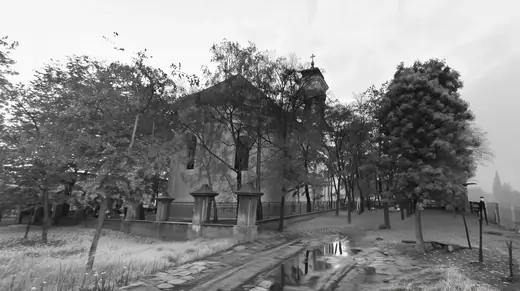 The church behind trees, a puddle on the path