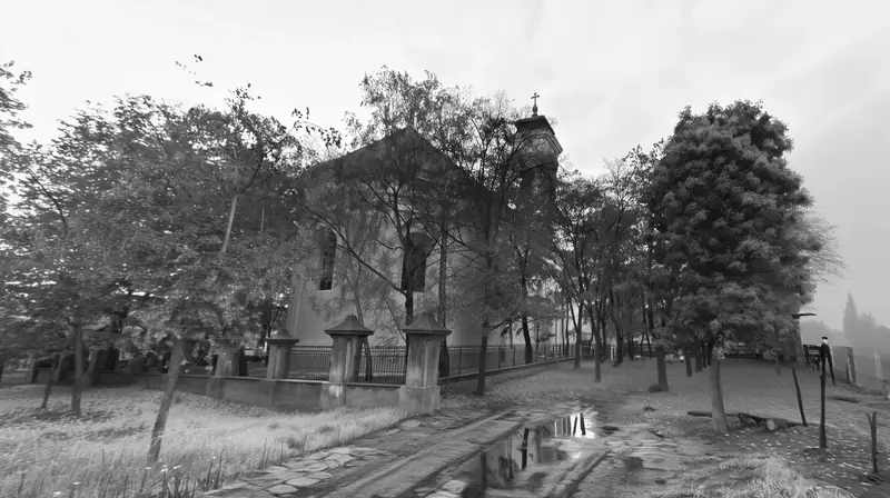 The church behind trees, a puddle on the path