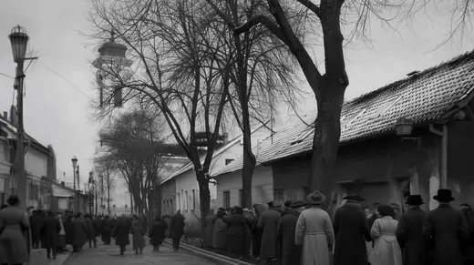 A crowd walking past low houses toward the church tower
