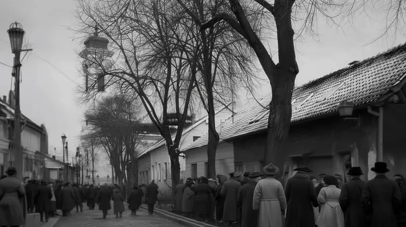 A crowd walking past low houses toward the church tower