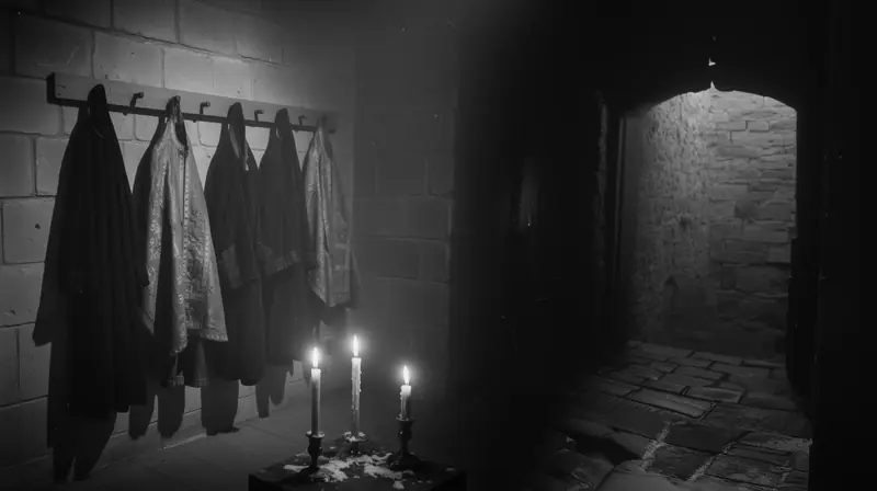 Vestments on pegs, candles and an arched passage