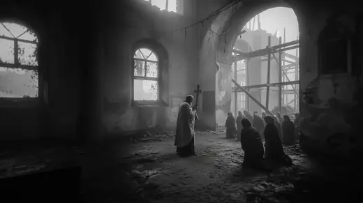 A priest with a cross and women kneeling in the ruined church