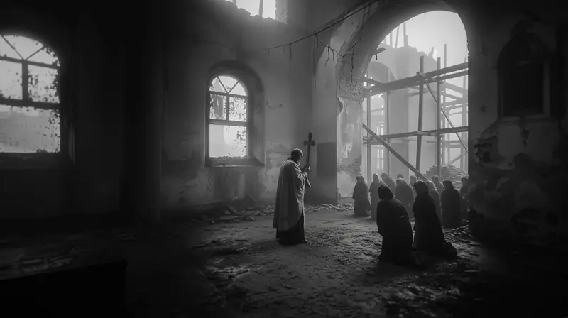 A priest with a cross and women kneeling in the ruined church