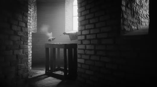 A hand swinging a censer over a wooden stand in a brick room