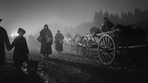 Families with ox carts in the fog at night
