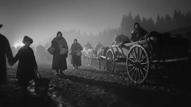 Families with ox carts in the fog at night