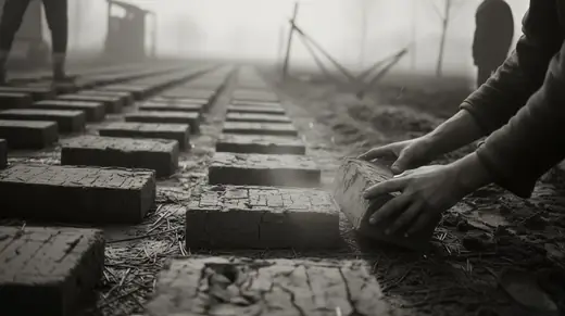 Hands laying clay bricks out to dry in rows