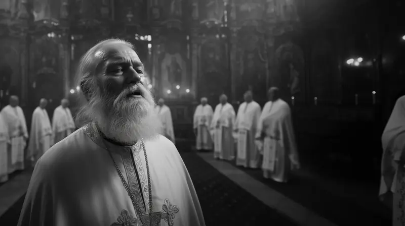 An old bearded priest singing, the clergy behind him