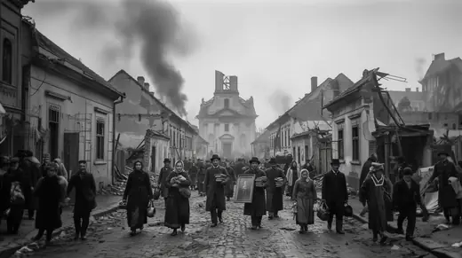 People carrying books, a portrait and their belongings down a ruined street