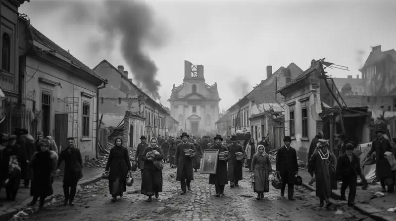 People carrying books, a portrait and their belongings down a ruined street