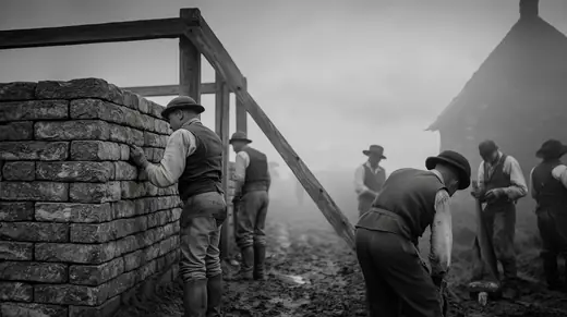 Masons building a stone wall in the fog