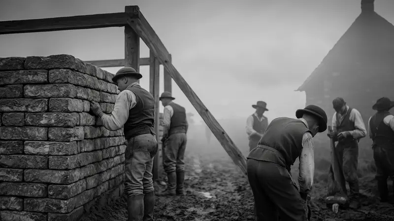 Masons building a stone wall in the fog
