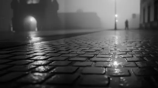 Wet cobblestones at night, a figure under a lamp in the fog
