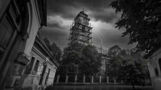 The church tower in scaffolding under a lightning storm