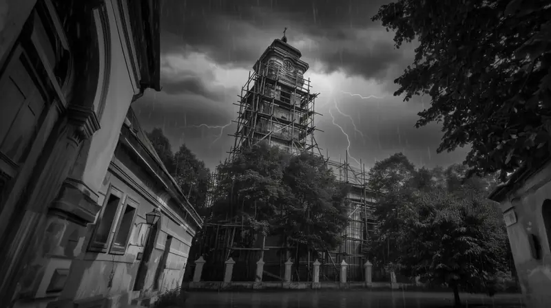 The church tower in scaffolding under a lightning storm
