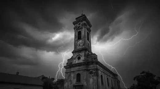 The ruined church tower in rain and lightning