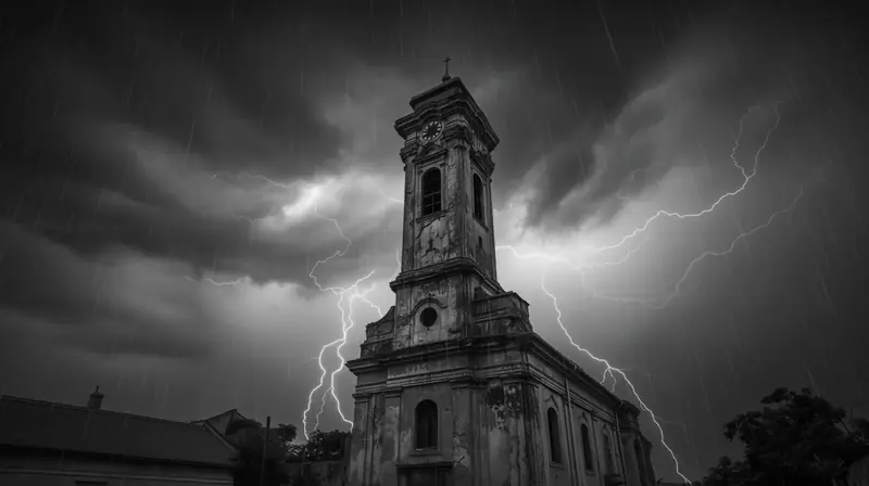 The ruined church tower in rain and lightning