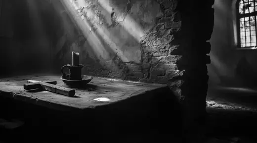 A candle and a wooden cross on a stone altar in shafts of light