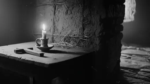 A lit candle and a wooden cross on a wooden table