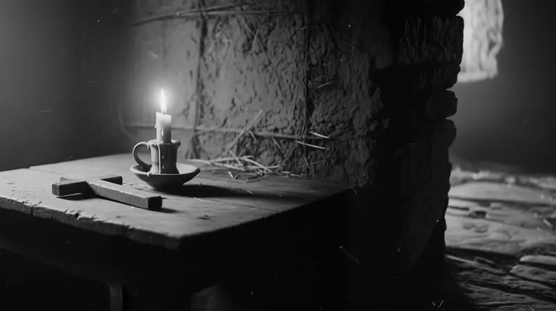 A lit candle and a wooden cross on a wooden table