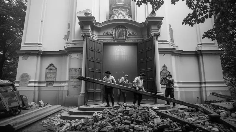 Workers carrying a beam out through the church doors over rubble