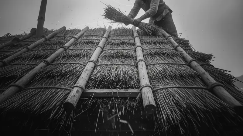 A man thatching a roof with reeds