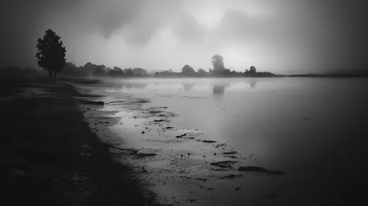 A misty river shore with a lone tree