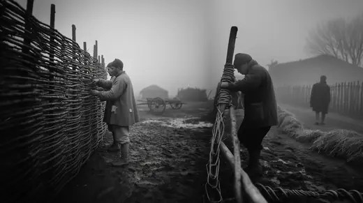 Men weaving a wattle fence in the fog