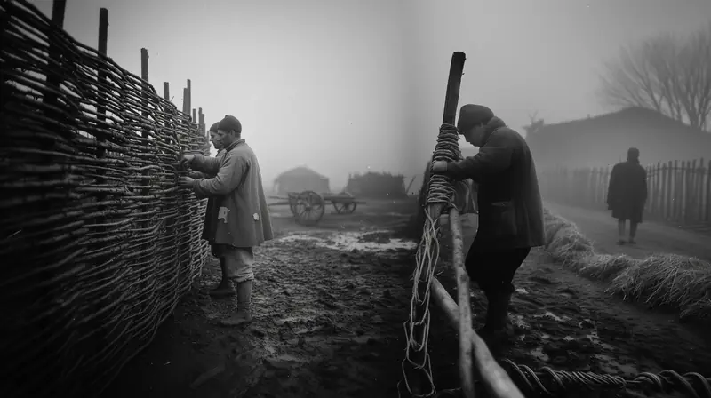 Men weaving a wattle fence in the fog