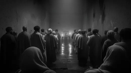 A congregation standing before an icon and candles in a bare room
