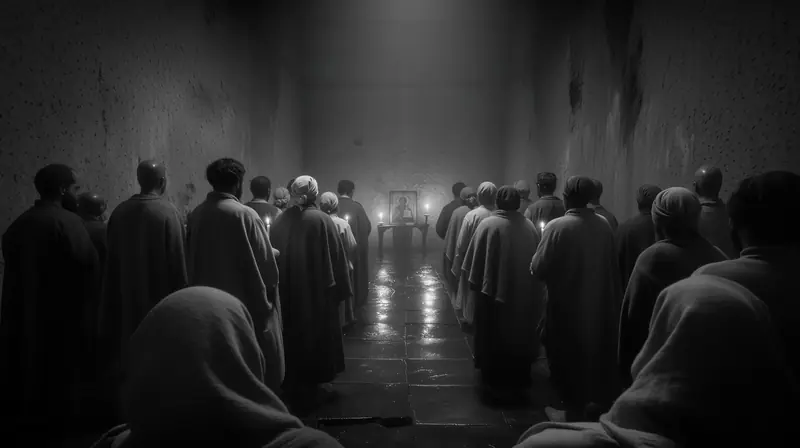 A congregation standing before an icon and candles in a bare room