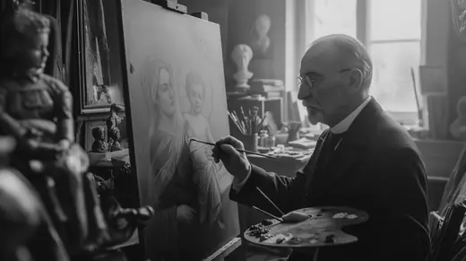 An elderly painter at work on a Madonna and Child