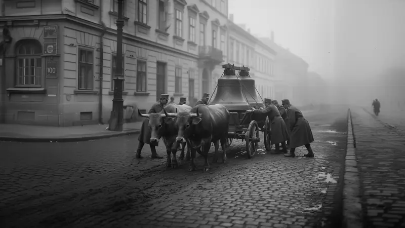 Soldiers and oxen hauling the church bells away on a cart
