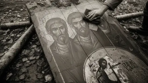 A hand cleaning an old icon lying in the mud