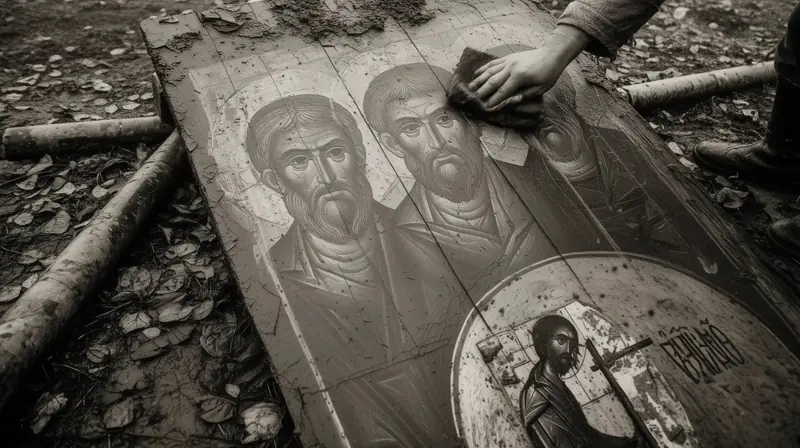 A hand cleaning an old icon lying in the mud