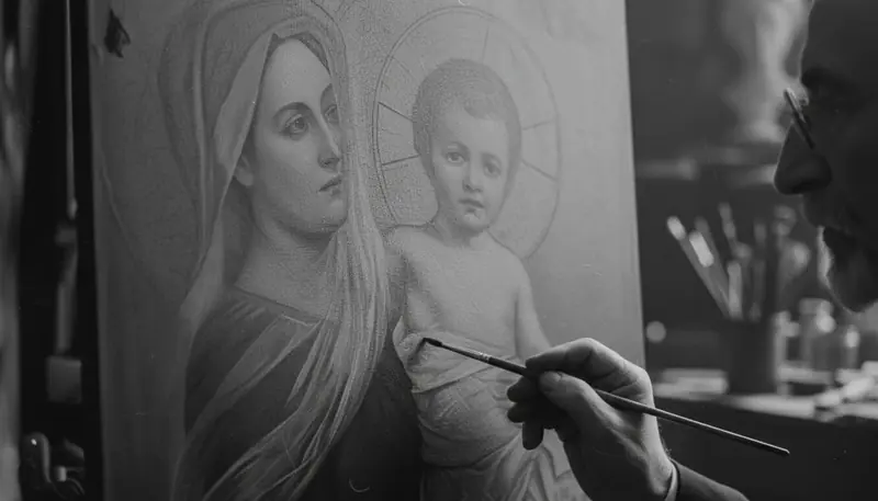 A painter’s brush on the Madonna and Child, close up