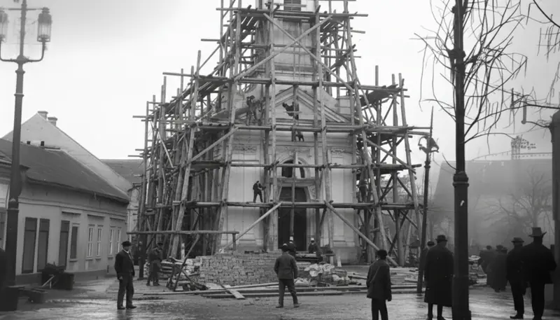 The church front in wooden scaffolding, people in the street