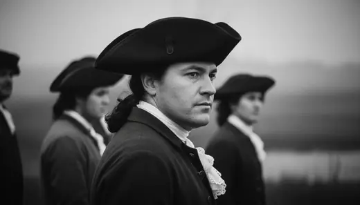 A man in a tricorn hat on the misty marsh