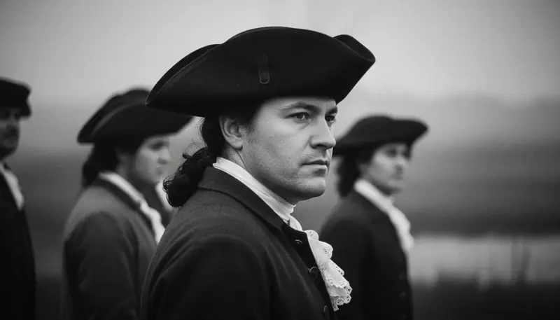 A man in a tricorn hat on the misty marsh