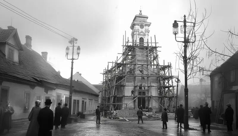 The church in scaffolding beyond gas lamps and passers-by