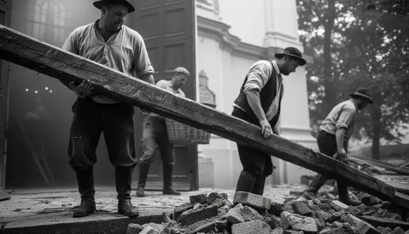 Workers lifting a beam over a pile of rubble